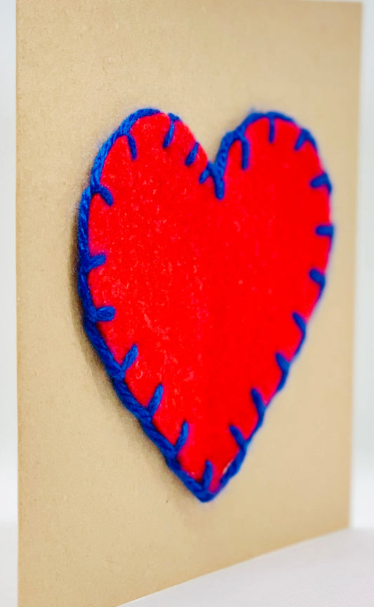 Big Red Heart With Blue Stitchings on Card Greeting Card by ChrystalGrimleyDesigns