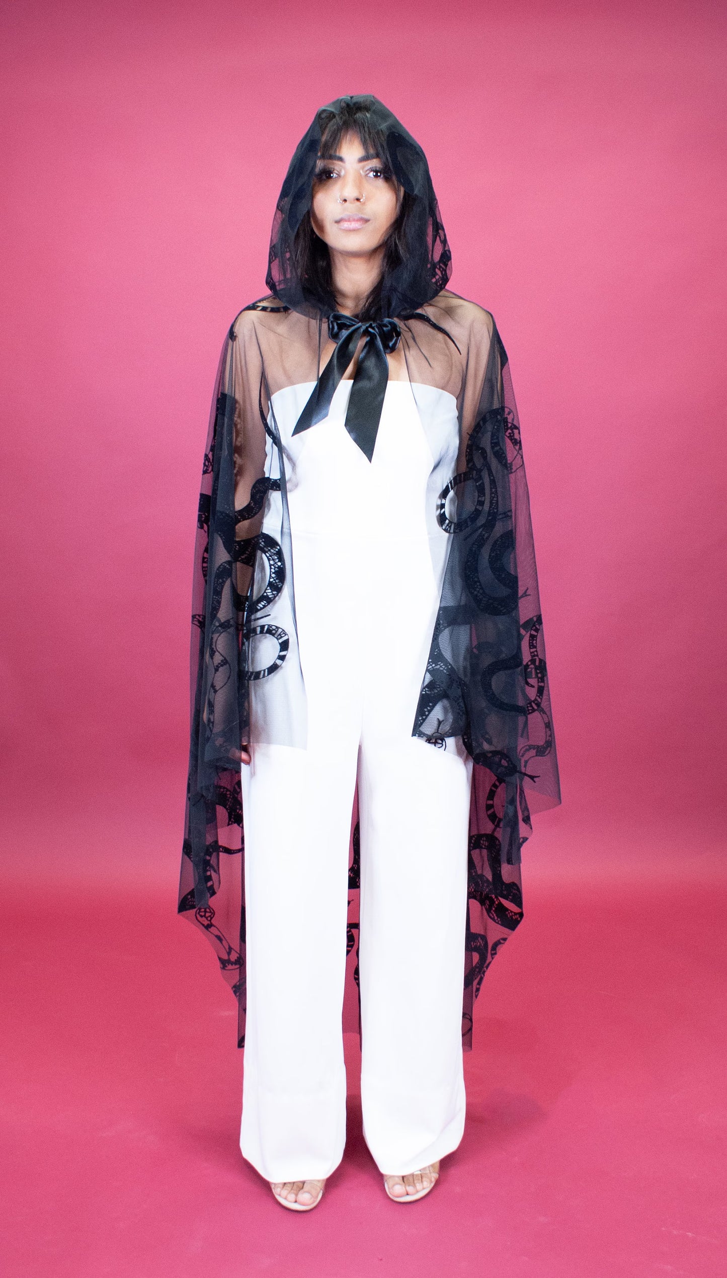 Black Velvet Veil Cloak With Snake Pattern Sheer Hooded Dress Cape by FashionMeme