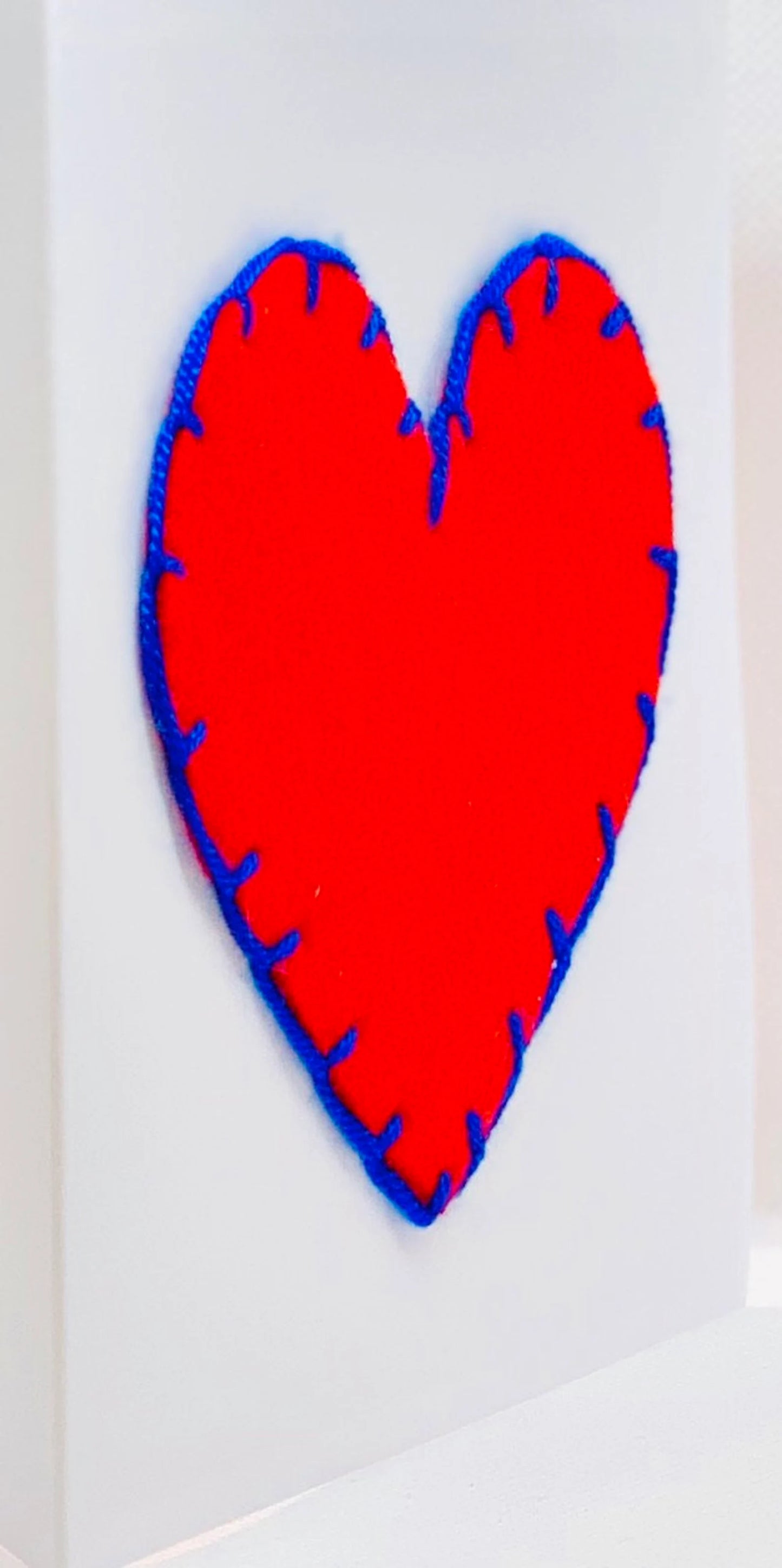 Big Red Heart With Blue Stitchings on Card Greeting Card by ChrystalGrimleyDesigns