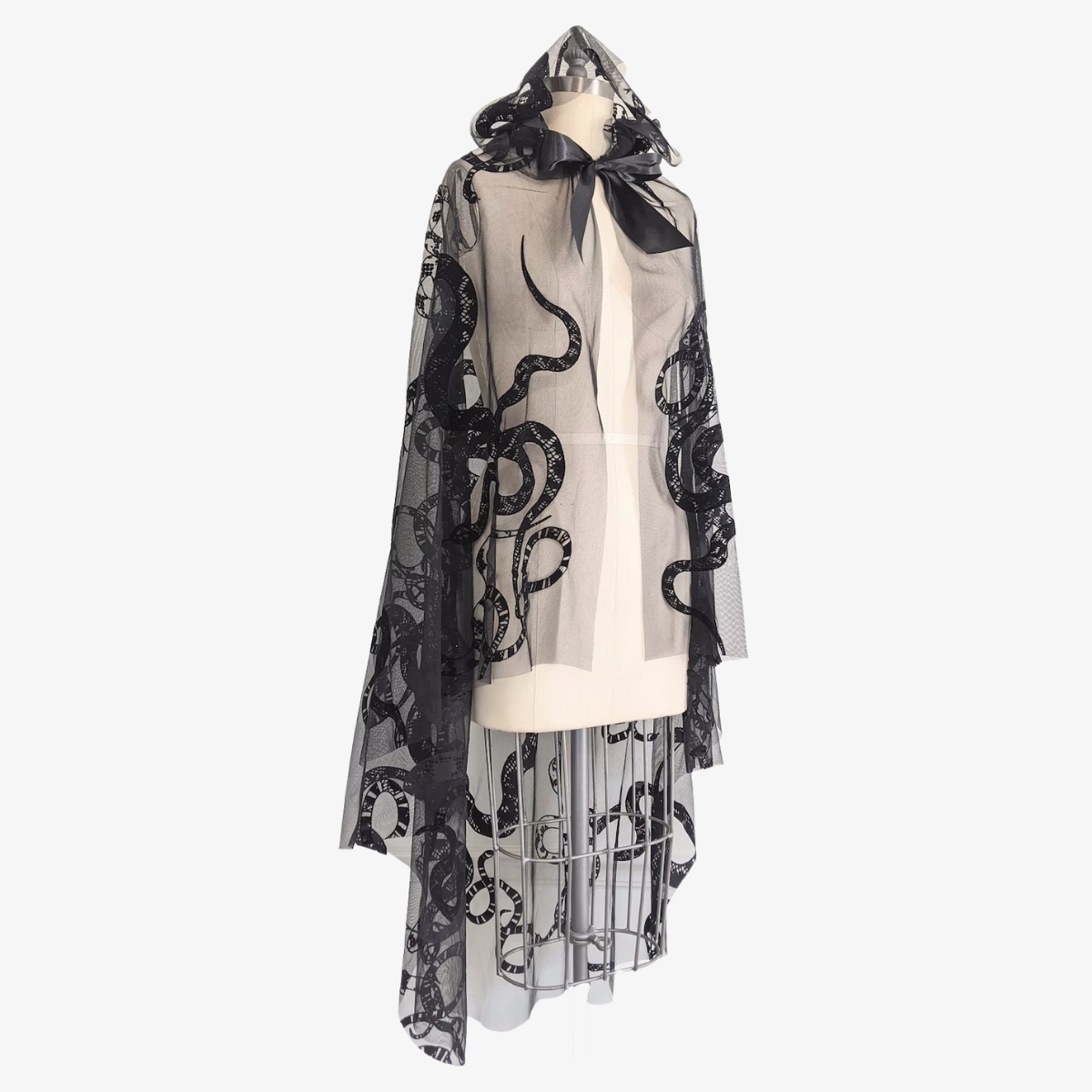 Black Velvet Veil Cloak With Snake Pattern Sheer Hooded Dress Cape by FashionMeme