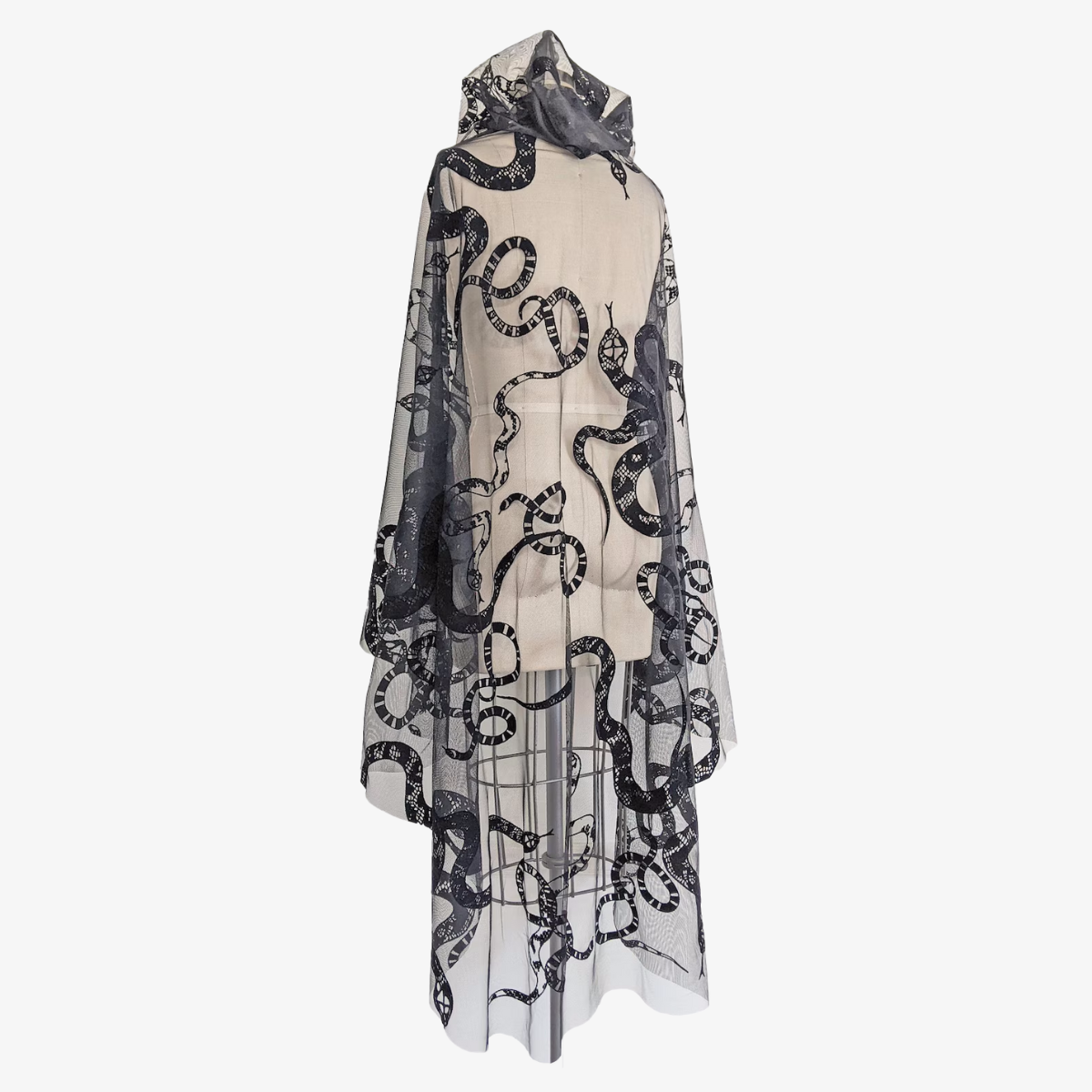 Black Velvet Veil Cloak With Snake Pattern Sheer Hooded Dress Cape by FashionMeme