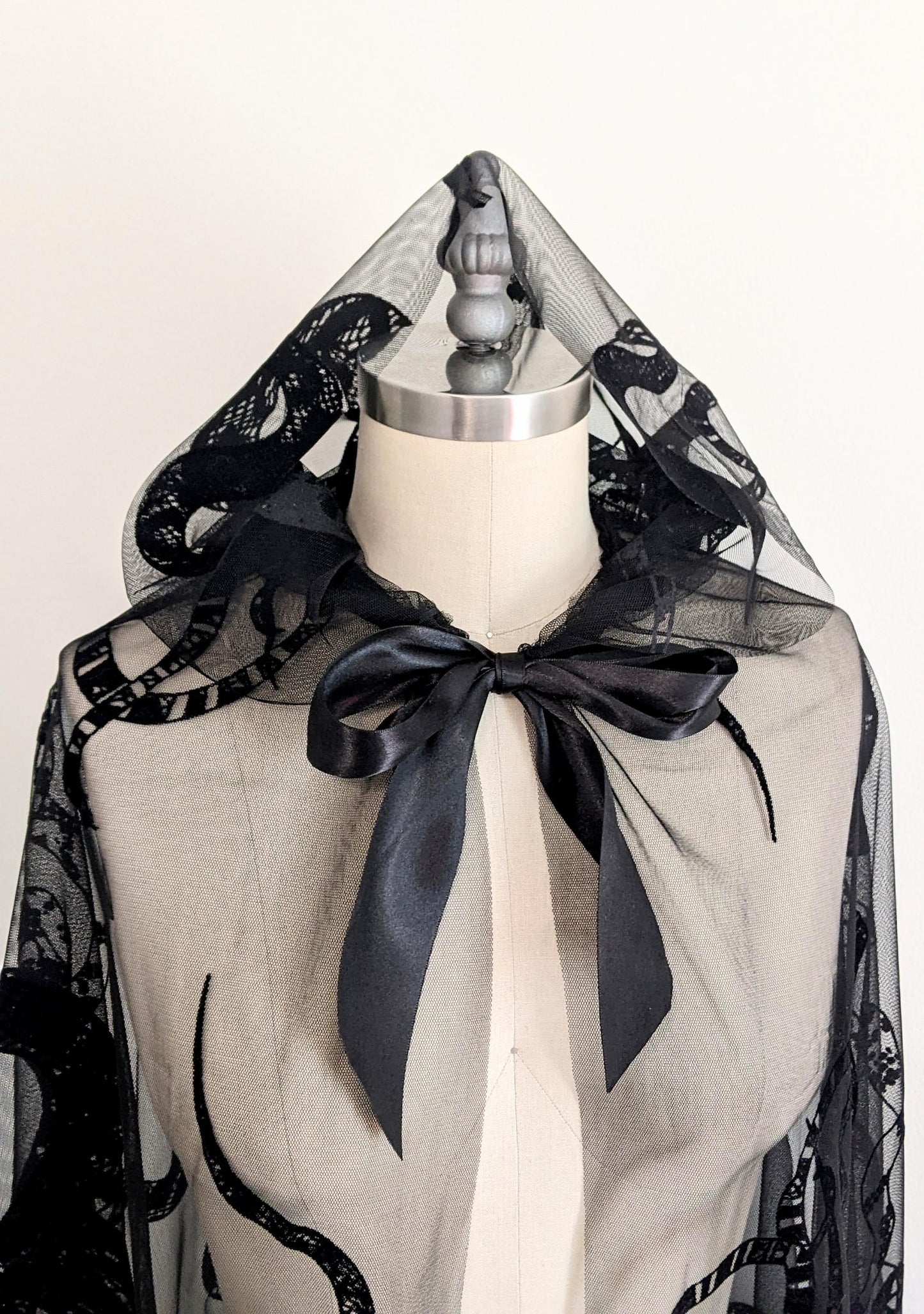 Black Velvet Veil Cloak With Snake Pattern Sheer Hooded Dress Cape by FashionMeme