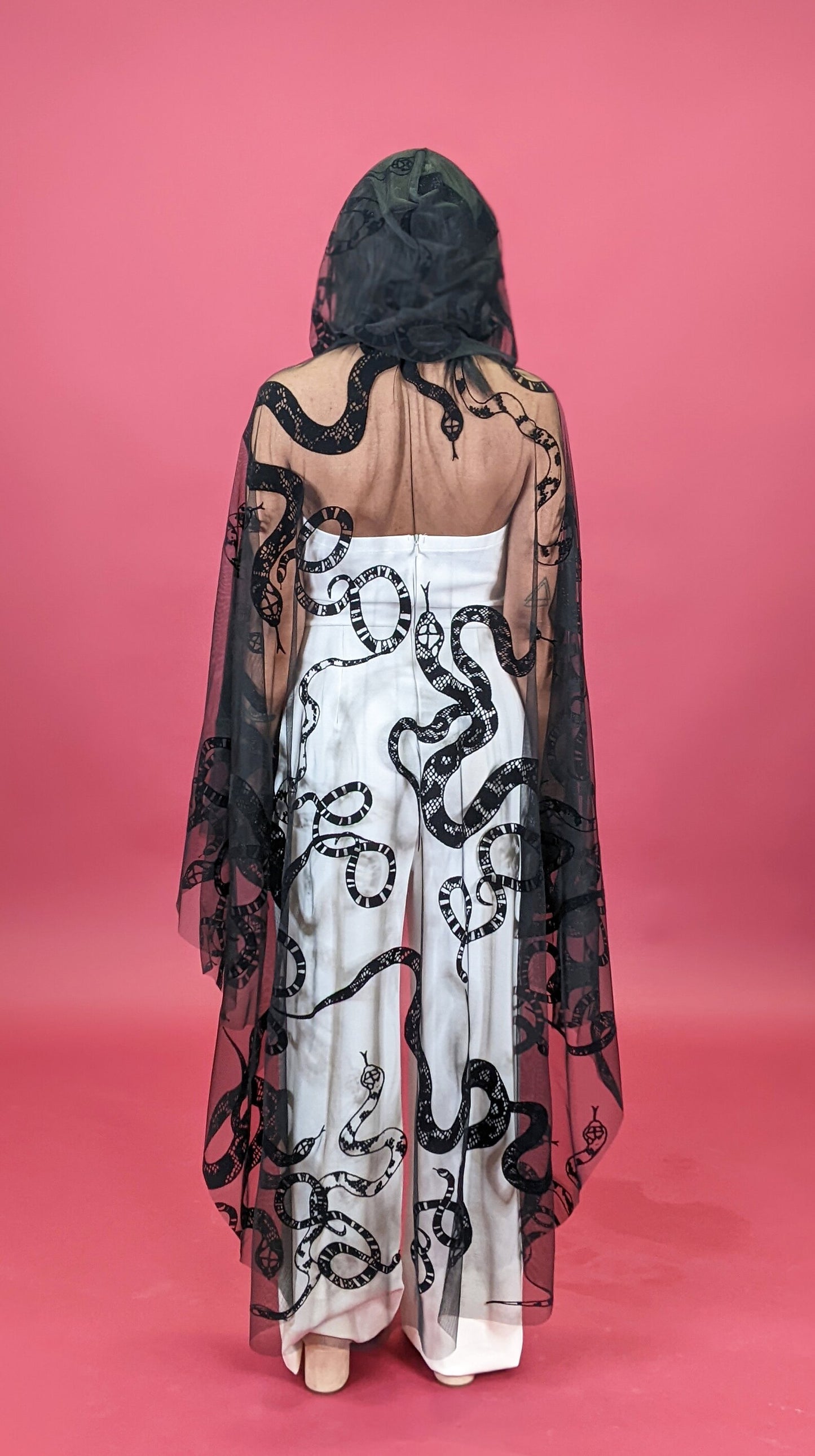 Black Velvet Veil Cloak With Snake Pattern Sheer Hooded Dress Cape by FashionMeme