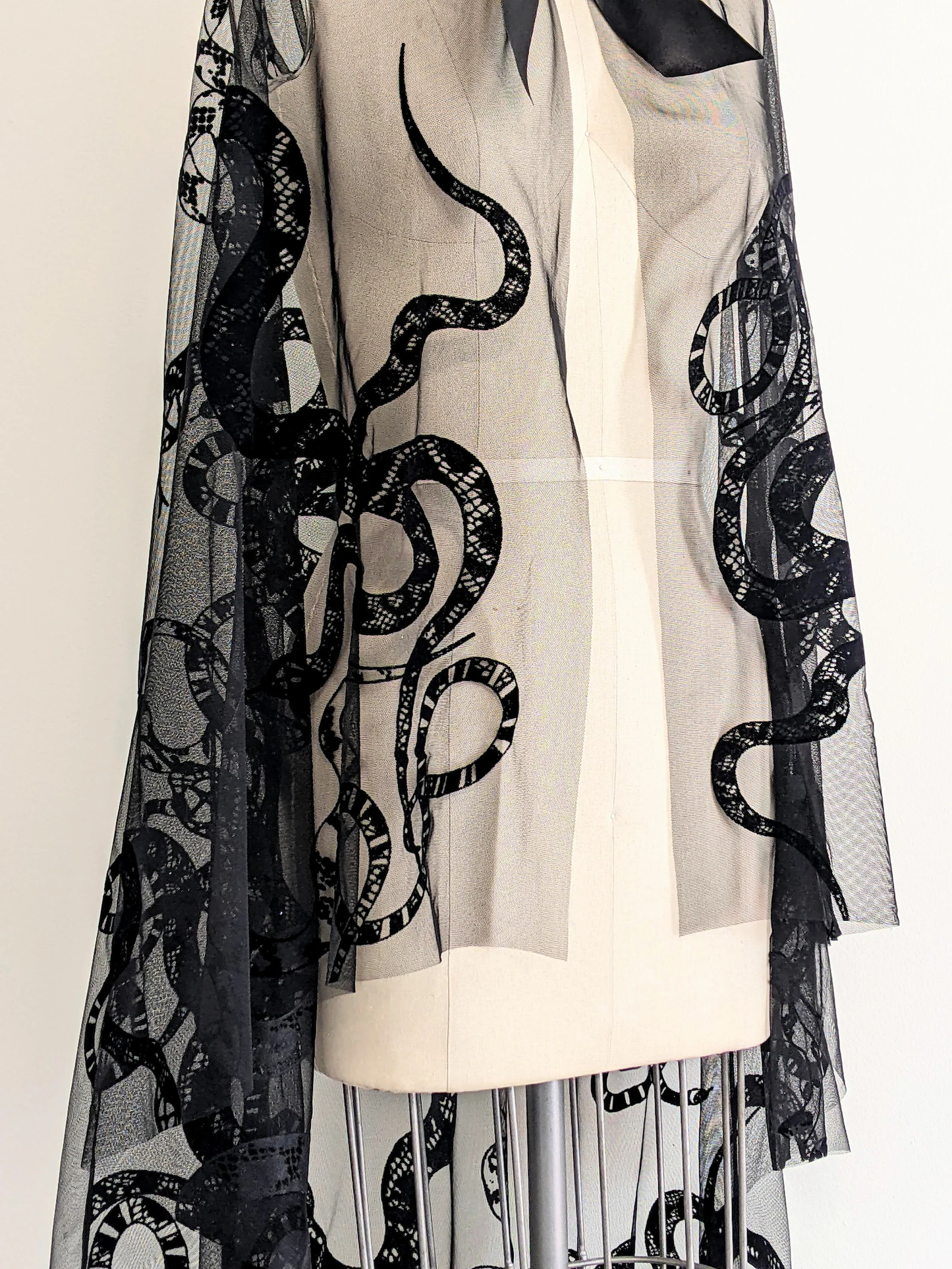 Black Velvet Veil Cloak With Snake Pattern Sheer Hooded Dress Cape by FashionMeme